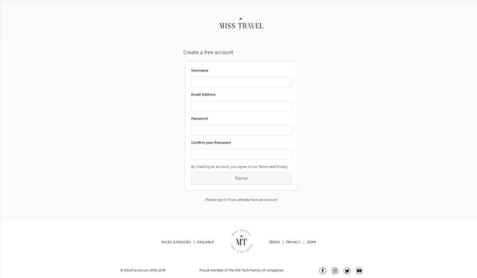Proces rejestracji i profil użytkownika Miss Travel