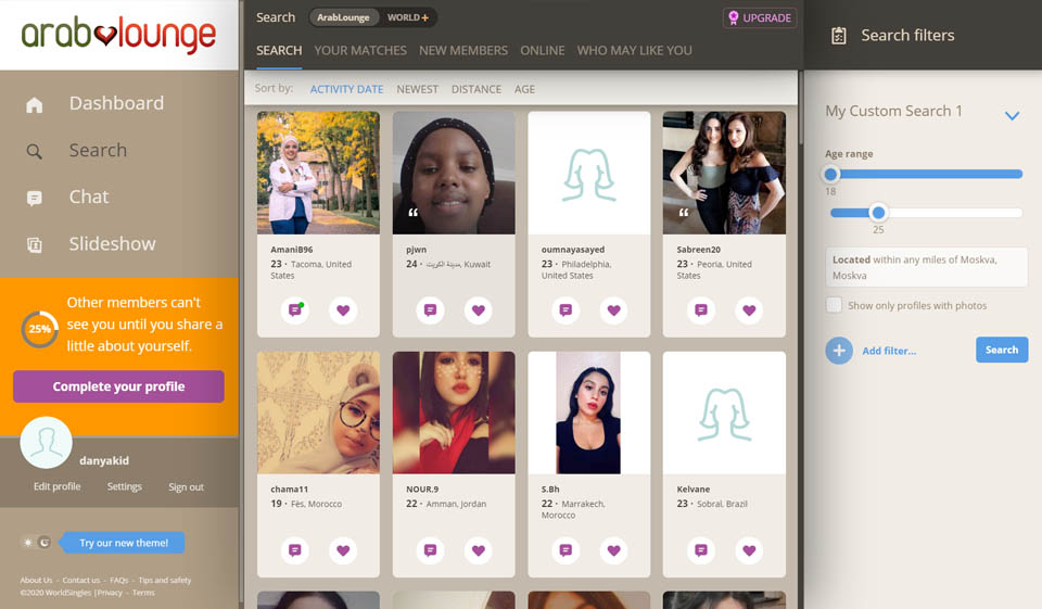 Proces registrace ArabLounge a uživatelský profil