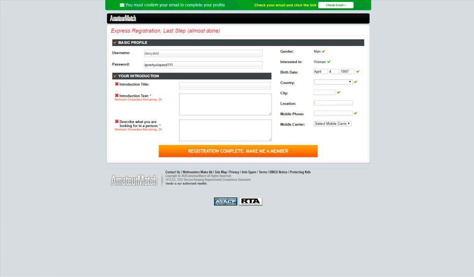 AmateurMatch Registrierung und Anmeldung